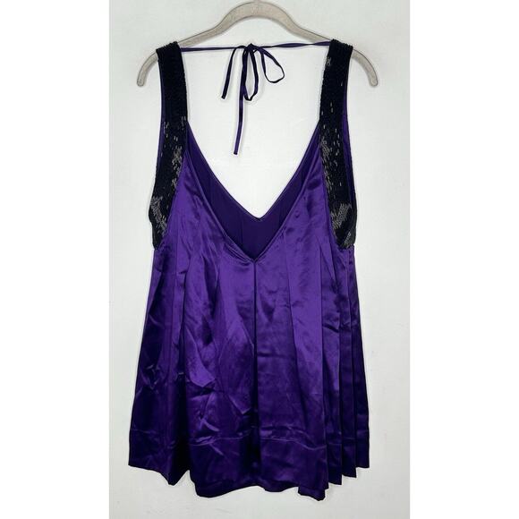 Bebe Purple 100% Silk Satin Black Beaded Sleeveless Tank Top Size XL NEW - Picture 7 of 7
